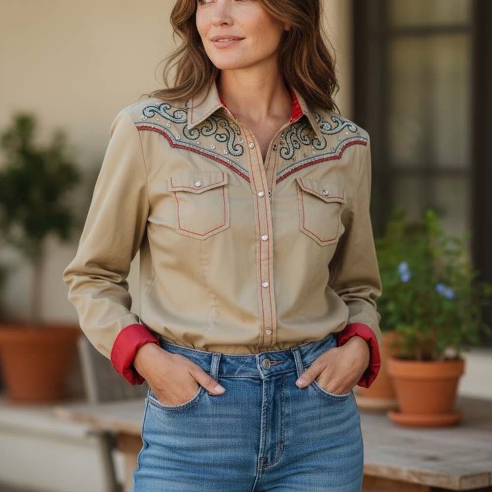 Roar Beige and Red Embroidered Button Down Shirt